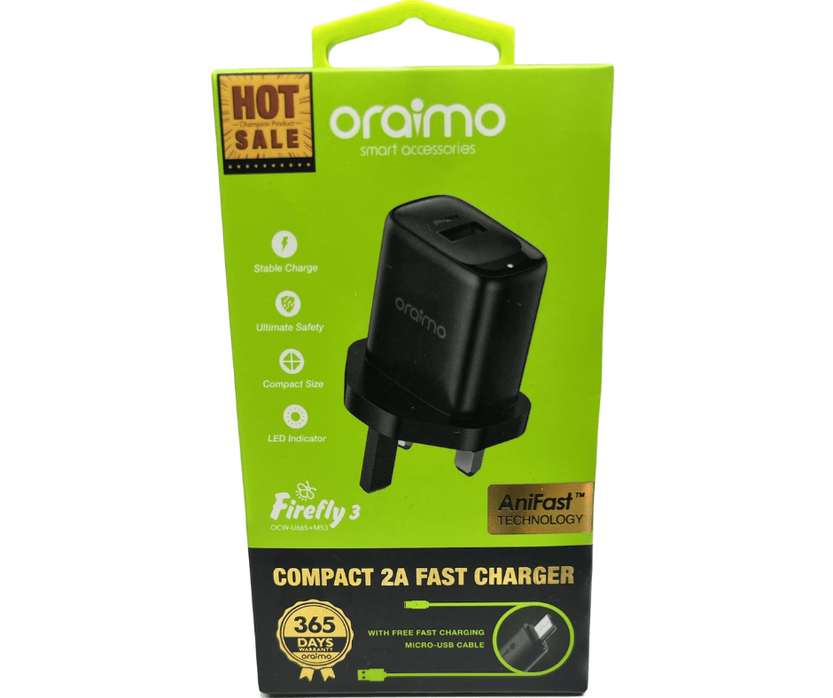 Oraimo 2A Fast Charging Charger with Micro USB / Type-C Cable – Universal Wall Adapter for Android and iOS Devices