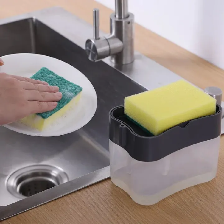 2-in-1 Kitchen Soap Dispenser with Sponge Holder – Easy One-Press Pump, Built-in Caddy for Quick Drying, Large Capacity for Dishwashing Liquid & Cleaning Sponges