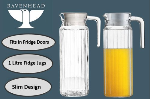 1 Pc Wine ,Juice, Water Serving Glass Jugs - Lids-Water Jug. Glass Fridge Jug Slim Door Pitcher Non Drip Spout Water Juice Cocktail Milk 1.1L