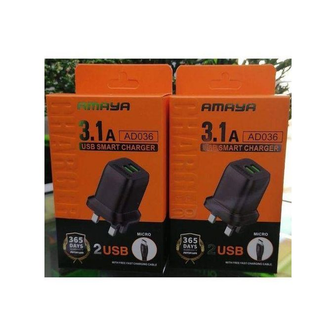 NEW!!! Amaya AD036 USB SMART CHARGER. Amaya 3.1A 2 usb smart charger with free micro fast charging cable