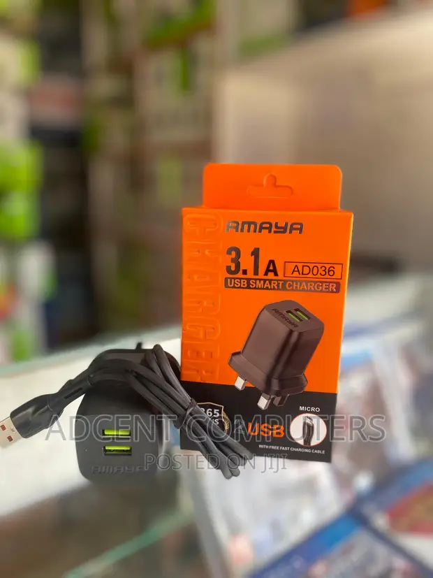 NEW!!! Amaya AD036 USB SMART CHARGER. Amaya 3.1A 2 usb smart charger with free micro fast charging cable