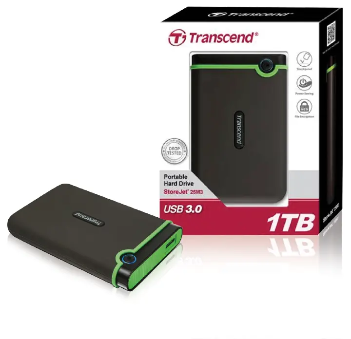 Transcend StoreJet 25M3 1TB / 2TB Portable External Hard Drive – USB 3.1 Gen 1 – Shockproof, Military-Grade Rugged Design, One-Touch Auto Backup, Fast Data Transfer for PC, Mac & Gaming Consoles