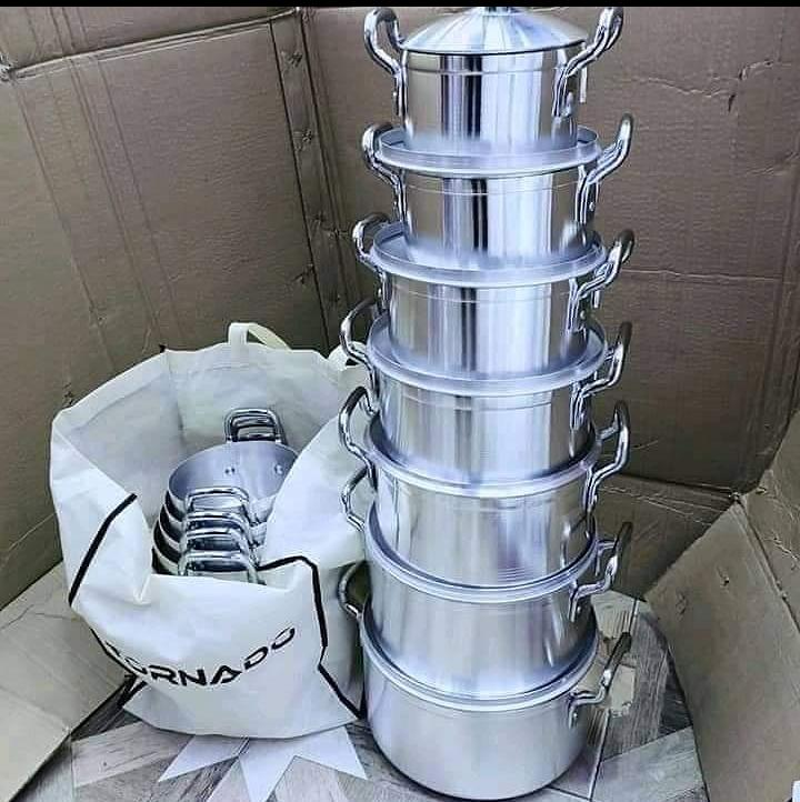 Original Tornado (TC) 14-Piece Silver Cookware Set – Premium Stainless Steel Sufuria Set with 7 Pots & 7 Lids – Includes 2 Plastic Serving Spoons & 1 Scotch Pad – Sizes 16cm to 28cm