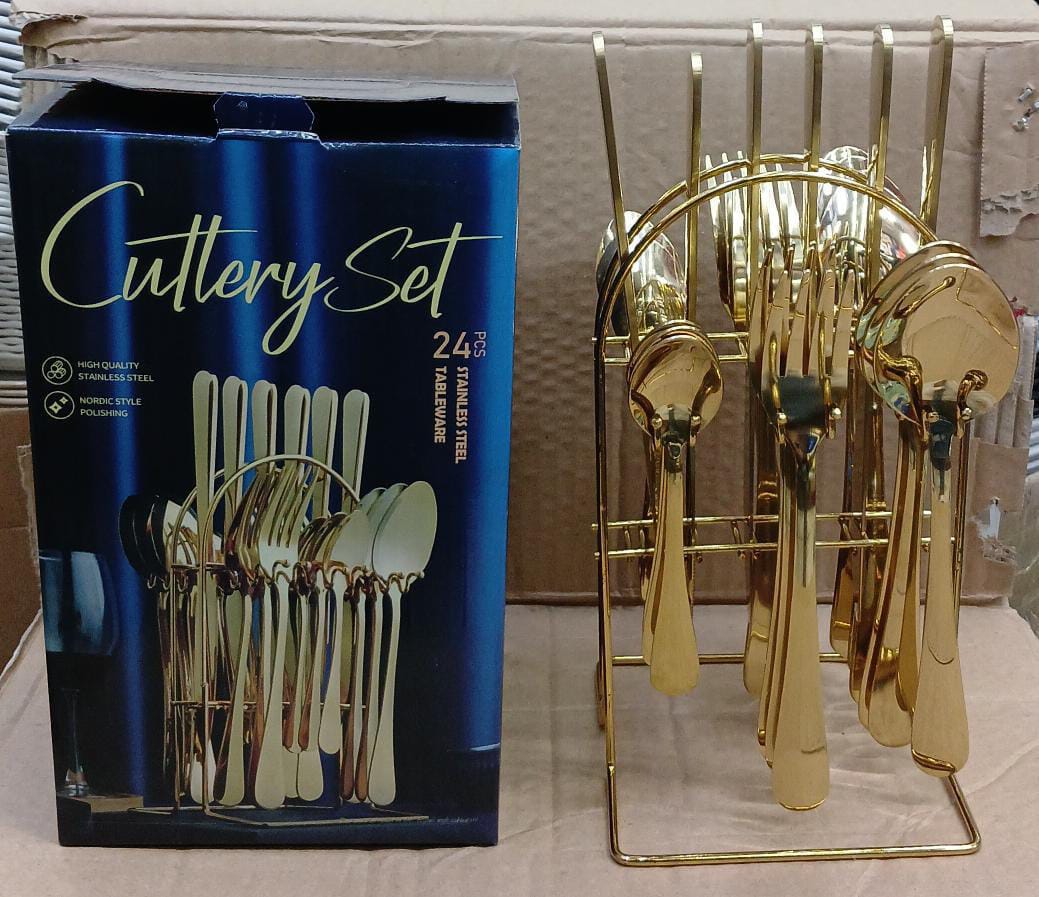 24-Piece Luxury Golden Stainless Steel Cutlery Set – Elegant Gold Flatware for 6 People – Spoons, Forks, Knives & Teaspoons – Premium Tableware for Dining & Events