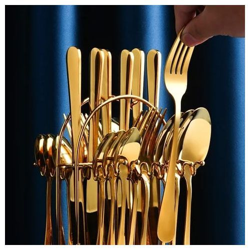 24-Piece Luxury Golden Stainless Steel Cutlery Set – Elegant Gold Flatware for 6 People – Spoons, Forks, Knives & Teaspoons – Premium Tableware for Dining & Events