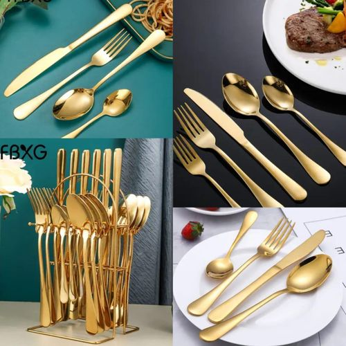 24-Piece Luxury Golden Stainless Steel Cutlery Set – Elegant Gold Flatware for 6 People – Spoons, Forks, Knives & Teaspoons – Premium Tableware for Dining & Events