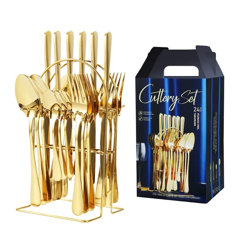 24-Piece Luxury Golden Stainless Steel Cutlery Set – Elegant Gold Flatware for 6 People – Spoons, Forks, Knives & Teaspoons – Premium Tableware for Dining & Events