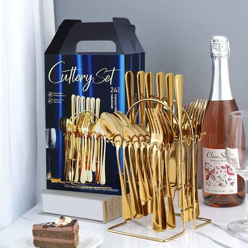 24-Piece Luxury Golden Stainless Steel Cutlery Set – Elegant Gold Flatware for 6 People – Spoons, Forks, Knives & Teaspoons – Premium Tableware for Dining & Events