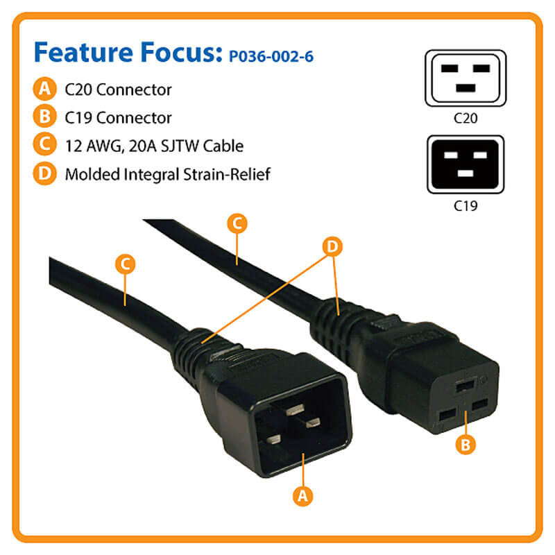 C19 to C20 Power Extension Cable – Heavy-Duty IEC Power Cord for Servers, PDU, UPS, and Data Center Equipment