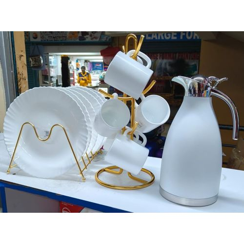 13-Piece Elegant Dinner Set – Includes 6 Cups, 6 Plates & 2L Insulated Flask – Stylish Tableware Combo for Home or Office Use