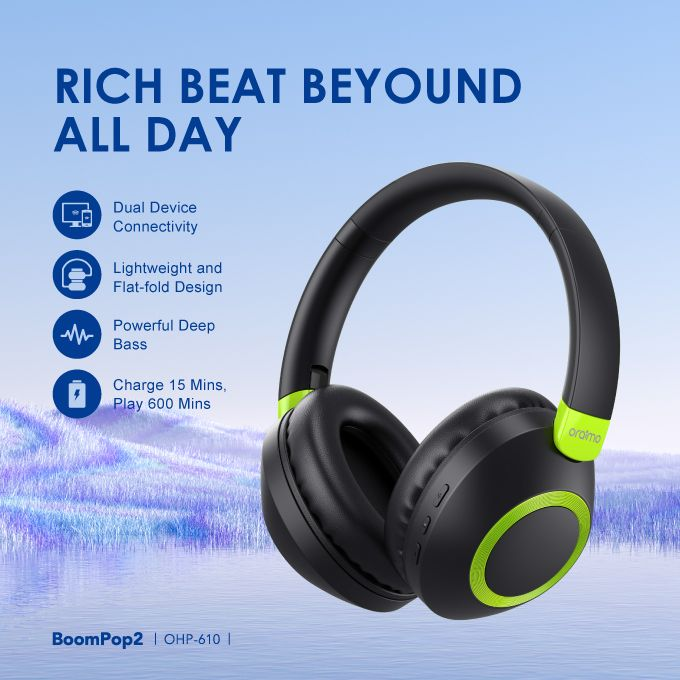 ORIGINAL!!! Oraimo BoomPop 2 OHP-610S ENC Over-Ear Wireless Headphones – Gesture Control | HavyBass™ | 50Hr Battery
