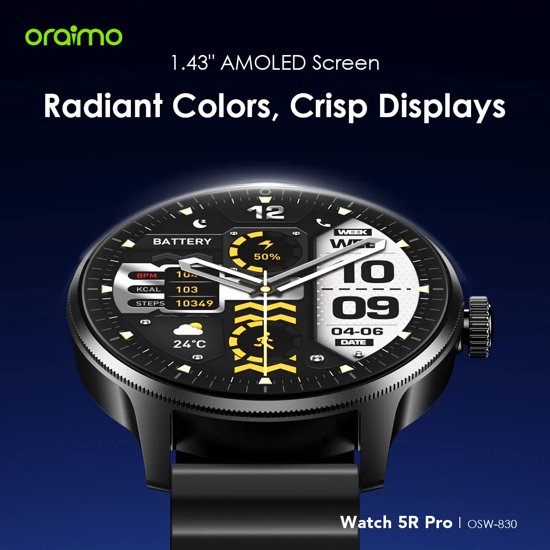 Oraimo Watch 5R Smartwatch | 2.01" AMOLED Always-On Display | Bluetooth Calling | 24/7 Heart Rate & SpO₂ Monitoring | 100+ Sport Modes | IP68 Waterproof | 7-Day Battery Life | iOS & Android Compati