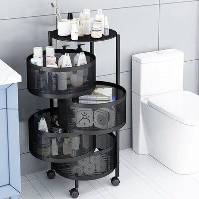 ⚫ 4-Tier Round Fruit & Vegetable Rack – Rotatable Metal Storage Stand with Wheels | Adjustable Height | Multi-Purpose Organizer