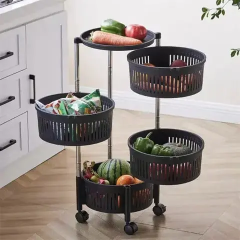⚫ 4-Tier Round Fruit & Vegetable Rack – Rotatable Metal Storage Stand with Wheels | Adjustable Height | Multi-Purpose Organizer