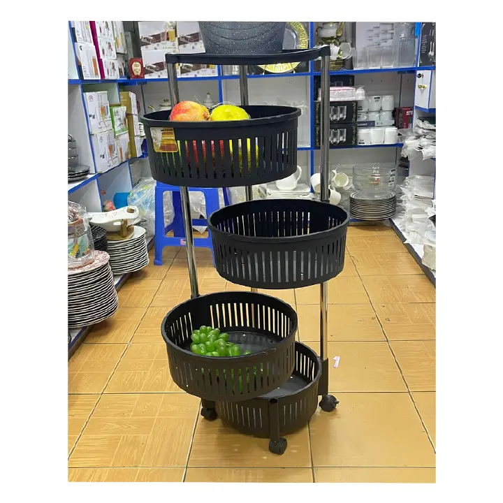 ⚫ 4-Tier Round Fruit & Vegetable Rack – Rotatable Metal Storage Stand with Wheels | Adjustable Height | Multi-Purpose Organizer