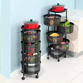 ⚫ 4-Tier Round Fruit & Vegetable Rack – Rotatable Metal Storage Stand with Wheels | Adjustable Height | Multi-Purpose Organizer