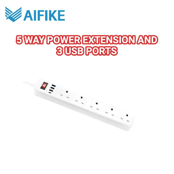 [HOT SALE] AIFIKE 5 Outlet 3 USB Power Extension Cable Socket White ,2M New Pc Fireproof Material-High Quality Copper Core-Overload Protection-AFK-249 Power Strip Charging Outlet extension cable