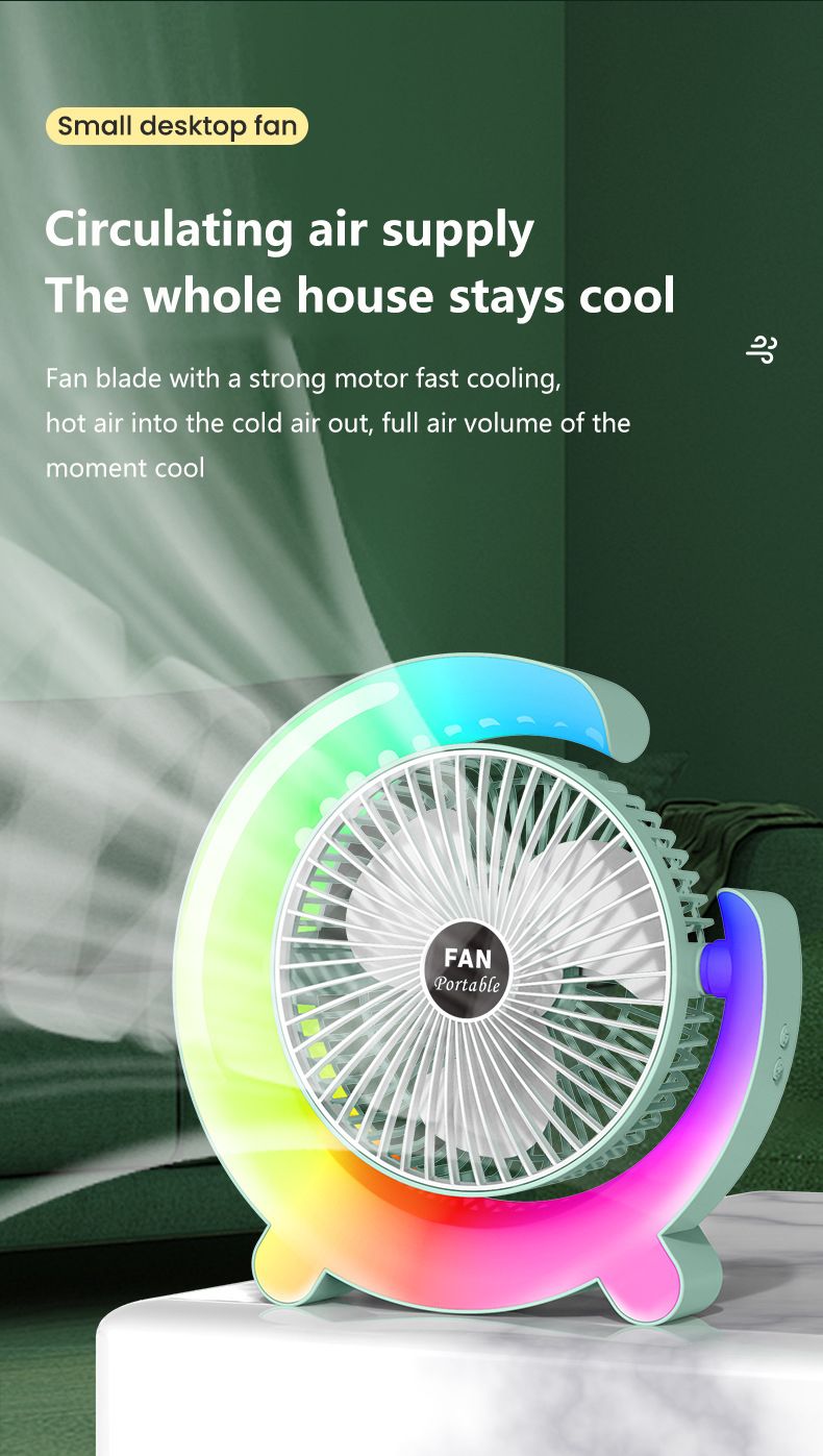 AIFIKE Modern  Desktop Fan With Glow Rainbow Three Wind Speeds And Angle Adjustment Long Battery Life(4-5 Hours) Type-c Charging Electric Small Fan-AFK111