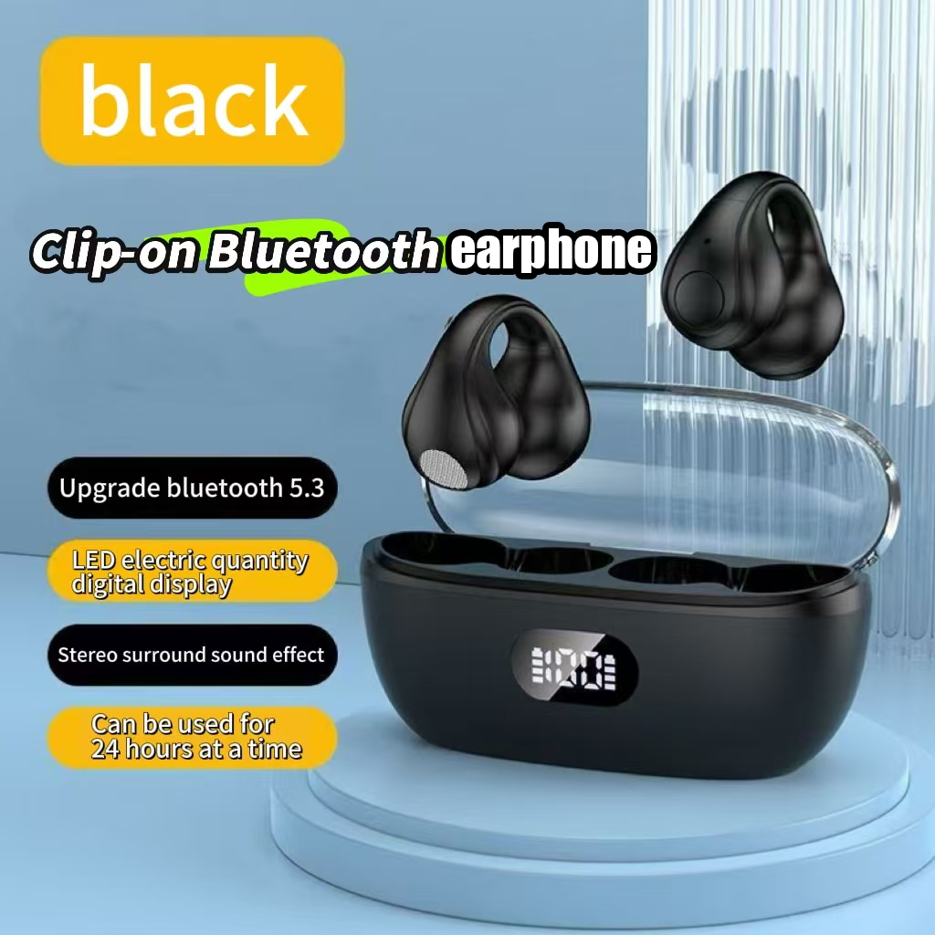 Open Ear Clip Wireless Earbuds Bluetooth, Sports Earphones Built-in Microphone with Earhooks & Ear Hook, Wireless Charging Case & Display, Waterproof Fitness Headphones for Exercise