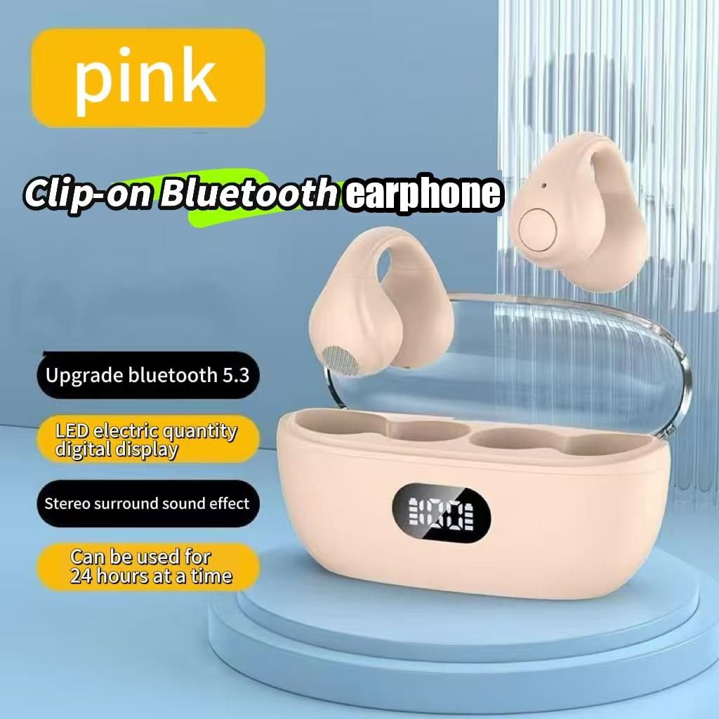 Open Ear Clip Wireless Earbuds Bluetooth, Sports Earphones Built-in Microphone with Earhooks & Ear Hook, Wireless Charging Case & Display, Waterproof Fitness Headphones for Exercise