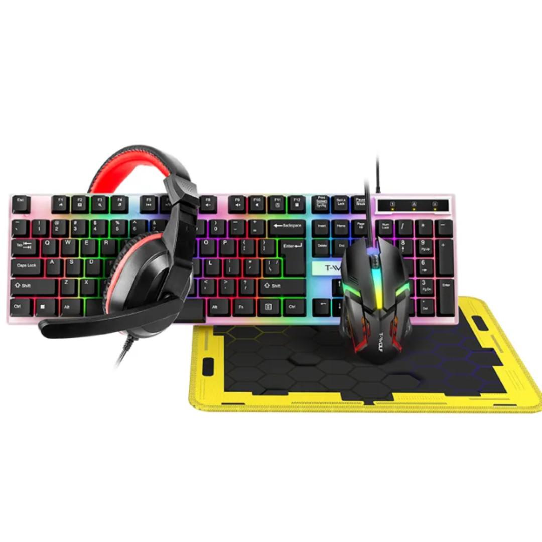 T-wolf 4 in 1 Wired Backlight Gaming Mouse Keyboard Combo Game Headset Earphone Mouse Pad Set for PC Gaming Office