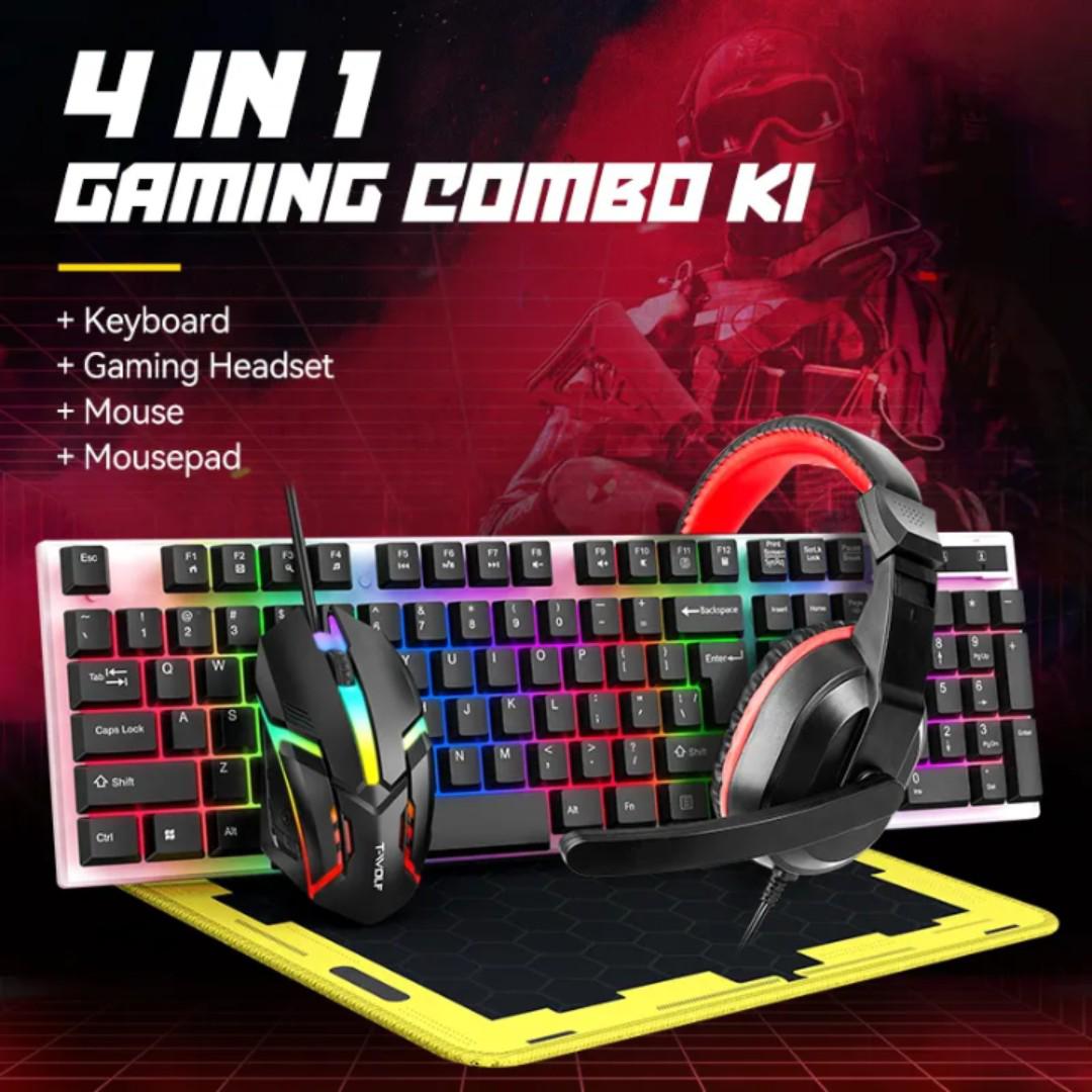 T-wolf 4 in 1 Wired Backlight Gaming Mouse Keyboard Combo Game Headset Earphone Mouse Pad Set for PC Gaming Office