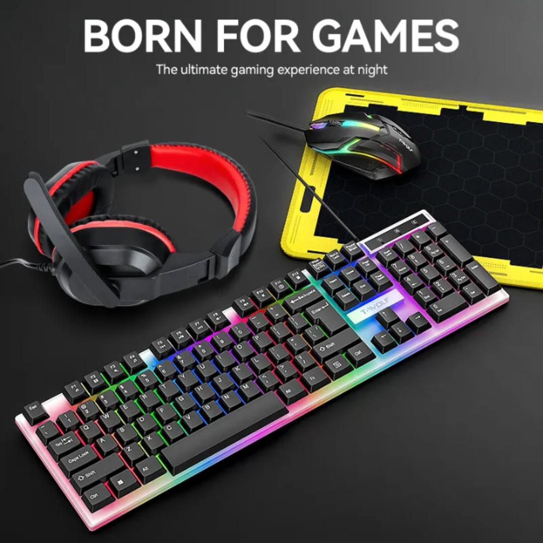 T-wolf 4 in 1 Wired Backlight Gaming Mouse Keyboard Combo Game Headset Earphone Mouse Pad Set for PC Gaming Office
