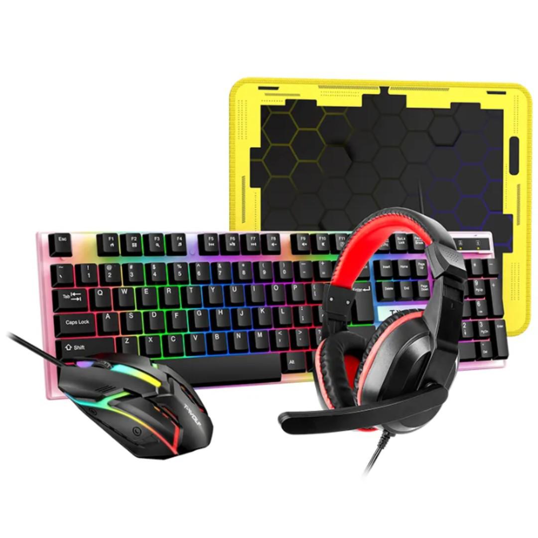 T-wolf 4 in 1 Wired Backlight Gaming Mouse Keyboard Combo Game Headset Earphone Mouse Pad Set for PC Gaming Office