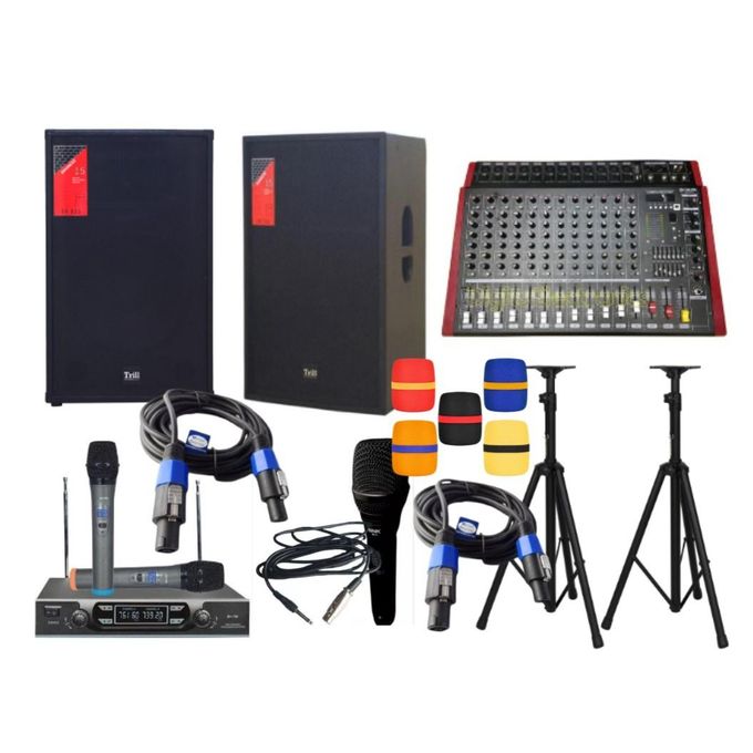 Complete 15-Inch PA Sound System Kit with Mixer, Dual Wireless Microphones, Speaker Stands & Cables – Ideal for Events, Church, DJs & Karaoke