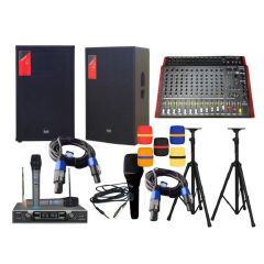 Complete 15-Inch PA Sound System Kit with Mixer, Dual Wireless Microphones, Speaker Stands & Cables – Ideal for Events, Church, DJs & Karaoke