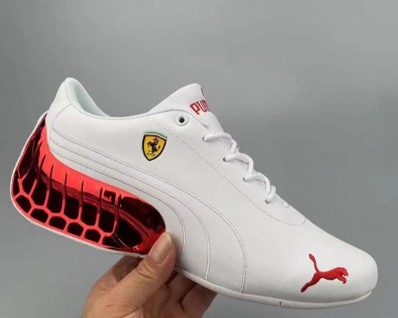 White Drift Cat Ultra Sneakers – Motorsport-Inspired Shoes with Red Heel Accent, Ferrari Shield Logo & Stylish Low-Top Unisex Casual Footwear