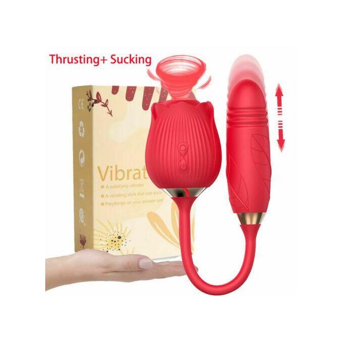 Waterproof Rose Sucker & Thrusting Dildo Combo - Red