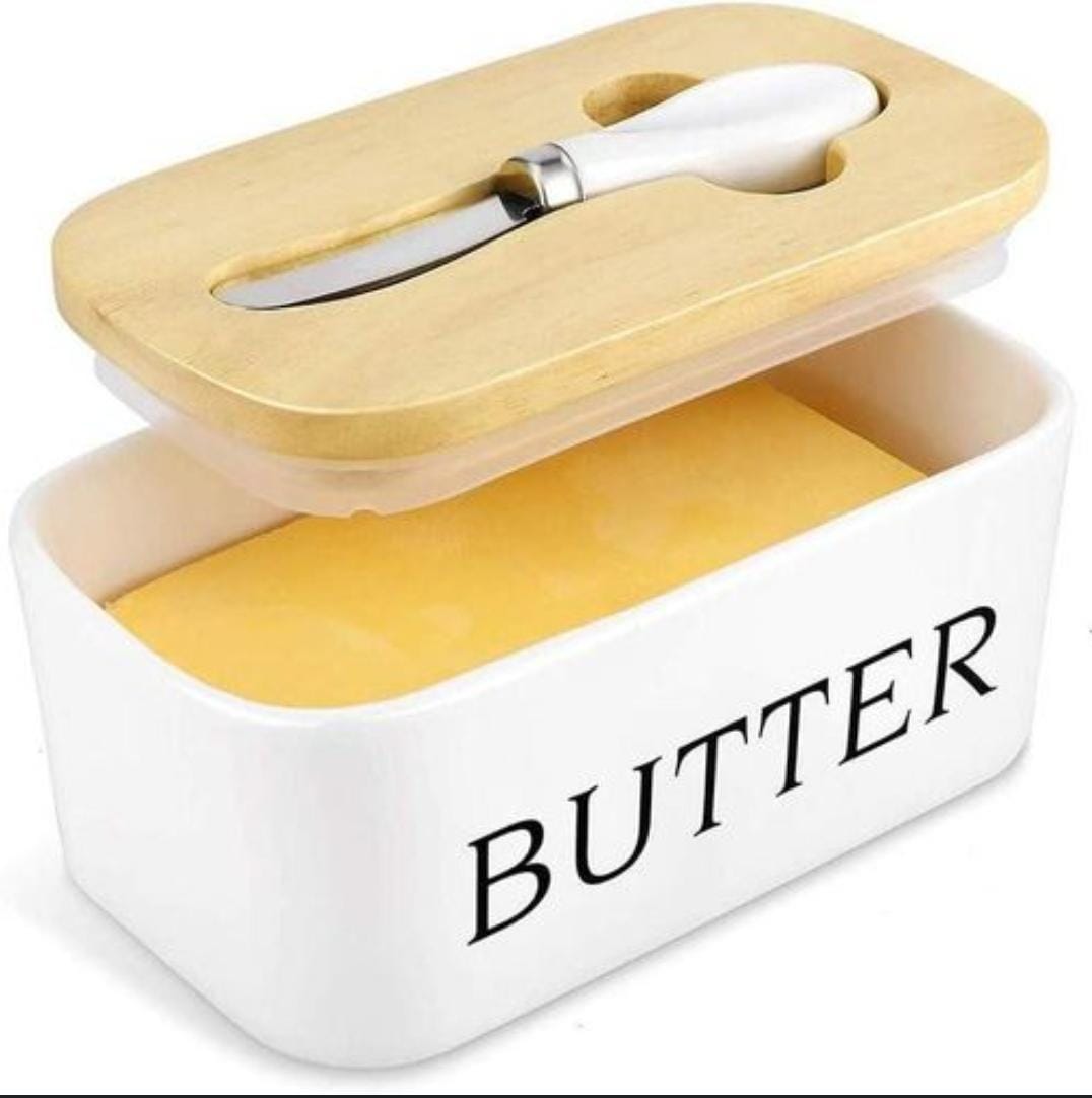 BUTTER SPREAD KIT BUTTER DISH WITH LID, BUTTER DISH FOR COUNTERTOP BUTTER KEEPER WITH STAINLESS STEEL MULTIPURPOSE BUTTER KNIFE, LARGE BUTTER CONTAINER WITH SILICONE HOME DECOR KITCHEN GIFT WHITE BLAC