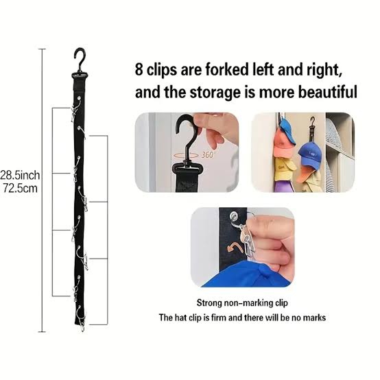 HAT ORGANIZER, UNISEX STORAGE HOLDER WITH 8 CLIPS | OVER-THE-DOOR RACK AND ORGANIZER | BASEBALL CAP CAP RACK WITH STICKY HOOK FOR CLOSET, WALL (BLACK)