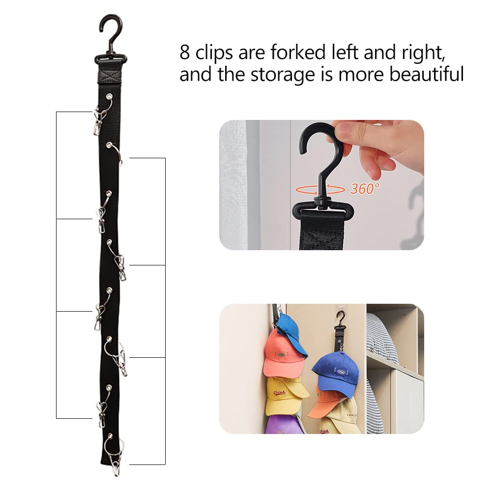HAT ORGANIZER, UNISEX STORAGE HOLDER WITH 8 CLIPS | OVER-THE-DOOR RACK AND ORGANIZER | BASEBALL CAP CAP RACK WITH STICKY HOOK FOR CLOSET, WALL (BLACK)
