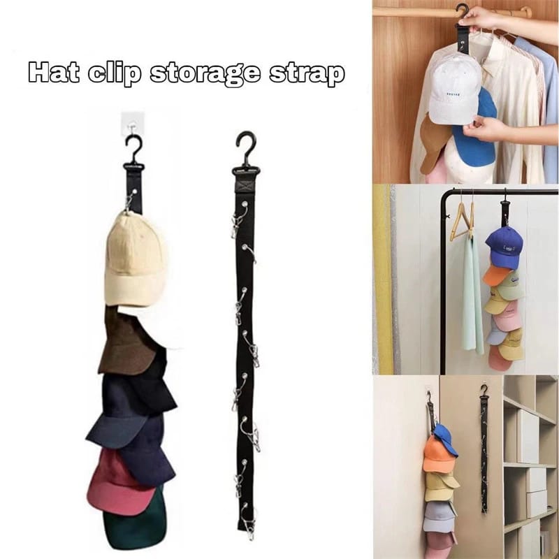 HAT ORGANIZER, UNISEX STORAGE HOLDER WITH 8 CLIPS | OVER-THE-DOOR RACK AND ORGANIZER | BASEBALL CAP CAP RACK WITH STICKY HOOK FOR CLOSET, WALL (BLACK)