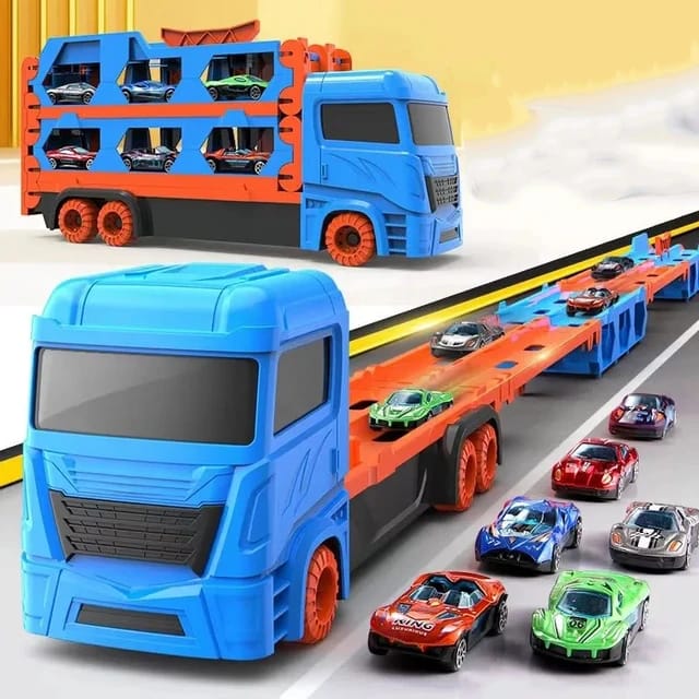 160 cm long container truck with 6 die cast small cars Diecast Pull Back Transport Car Carrier Truck Toys with 6 Mini Cars Transport Vehicles Playset for Kids Boys Girls Gift for Birthday