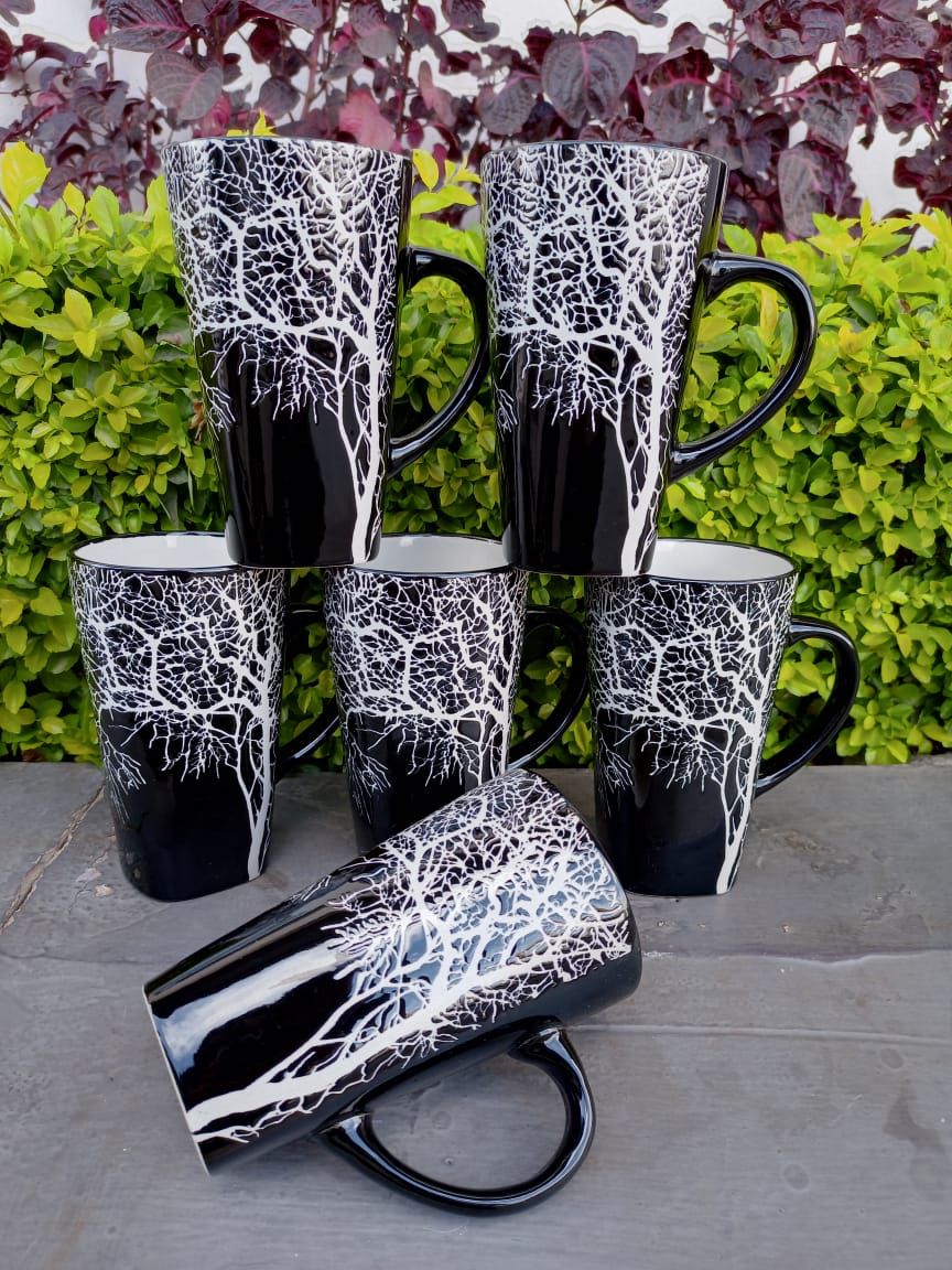 Ceramic Tree Mugs, Set Of 6 PiecesCeramic Coffee Cups With Big Handle For Latte, Hot Tea, Cappuccino, Cocoa And Mocha - Dishwasher & Microwave Safe