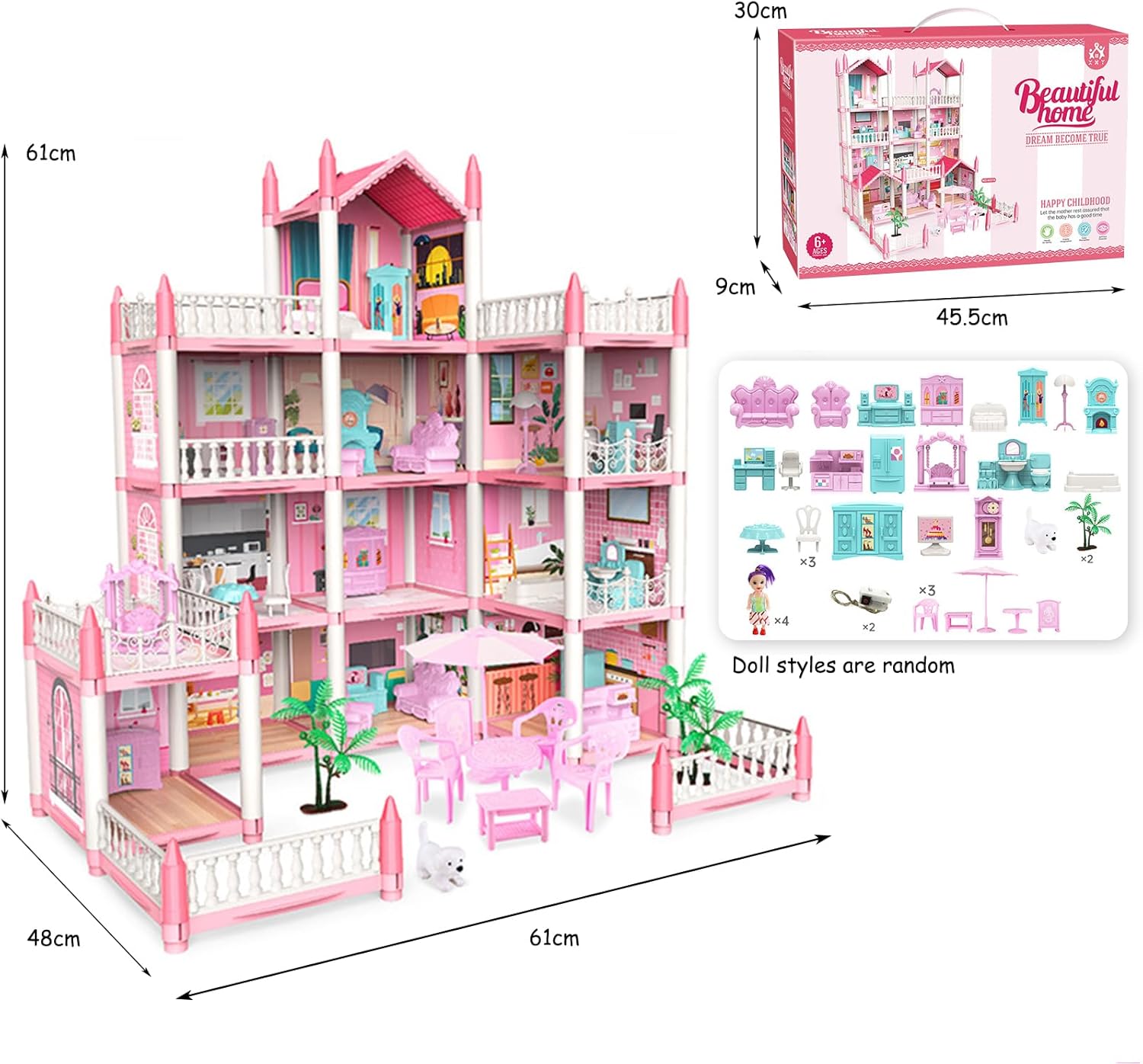 Girls beautiful doll house  Sturdy Dollhouse with Big Furnitures & Accessories, ABS Plastic Play House Toys Gifts for 3 to 12 Year Olds Girls Kids