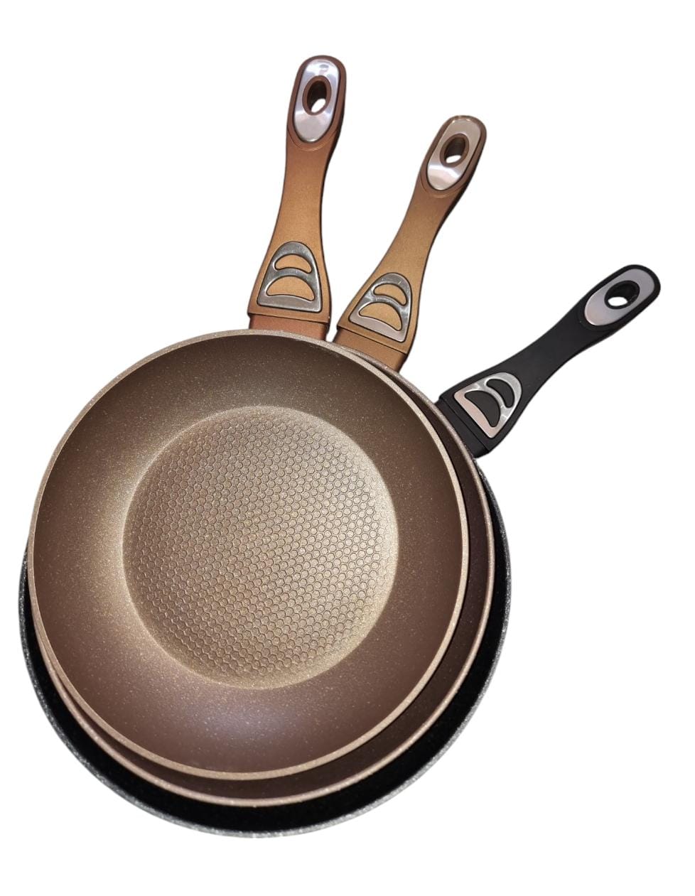 NONSTICK GRANITE SHALLOW FRY PANS NOW AVAILABLE IN 2 COLOURS BROWN OR BLACK AND 3 SIZES: