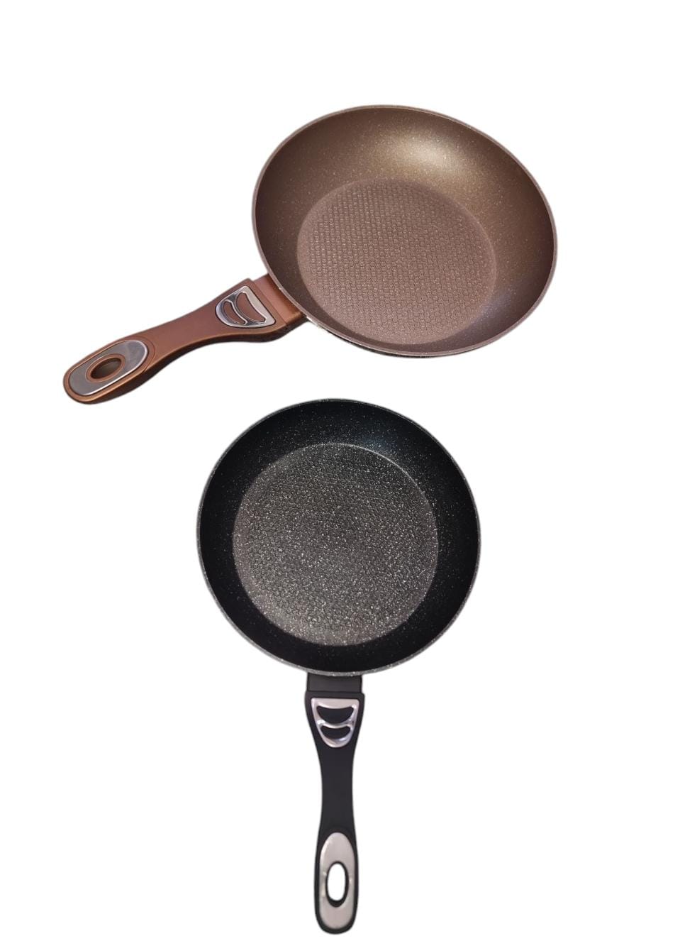 NONSTICK GRANITE SHALLOW FRY PANS NOW AVAILABLE IN 2 COLOURS BROWN OR BLACK AND 3 SIZES: