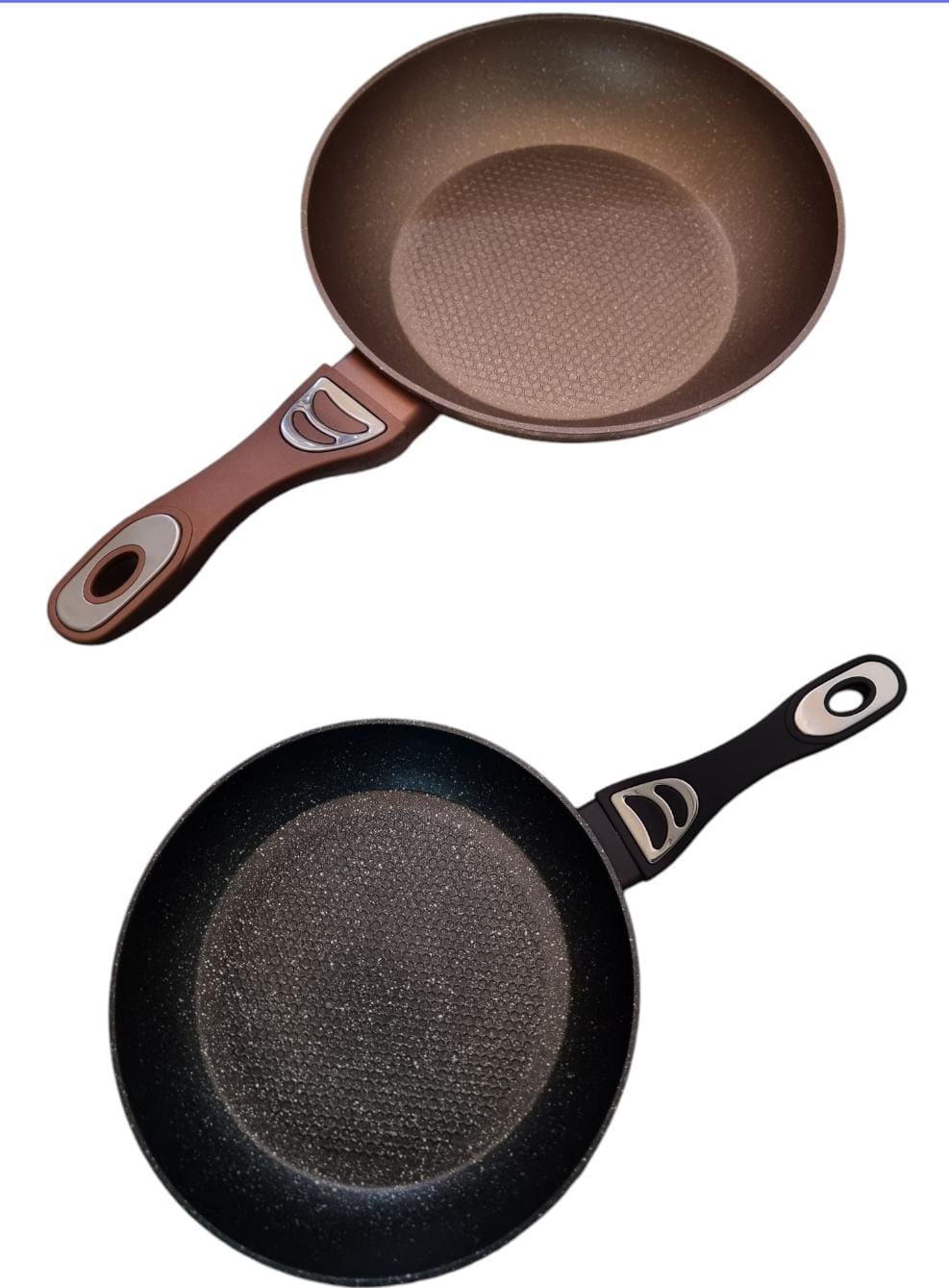 NONSTICK GRANITE SHALLOW FRY PANS NOW AVAILABLE IN 2 COLOURS BROWN OR BLACK AND 3 SIZES: