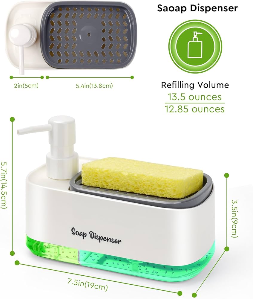 Kitchen Dish Soap Dispenser with Sponge Holder, 2-in-1 Countertop Soap Pump Dispenser, for Kitchen Sink Dishwashing Soap Dispenser