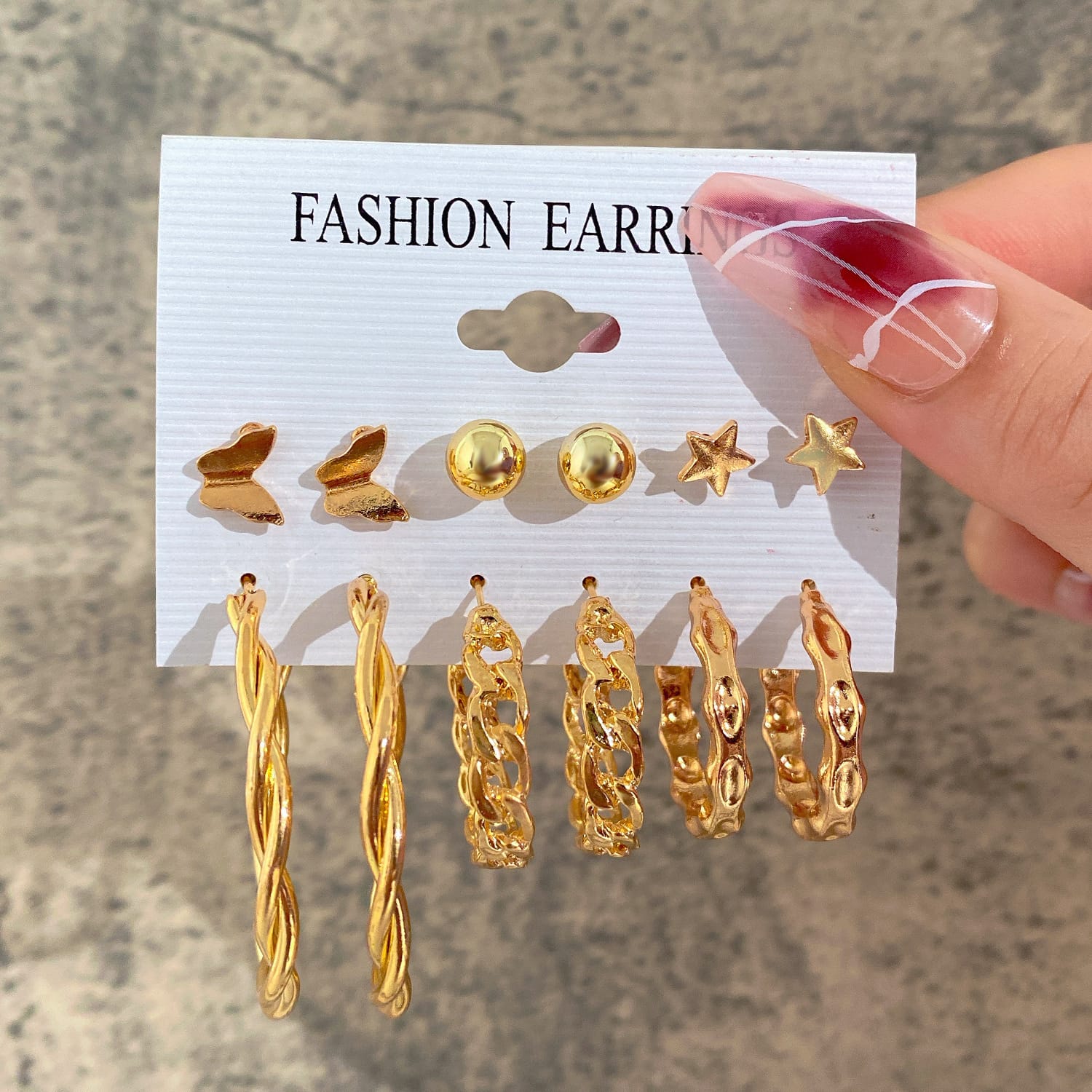 Fashion Fashionable Earrings With 6 Set With 3 Loops And 3 Studs.