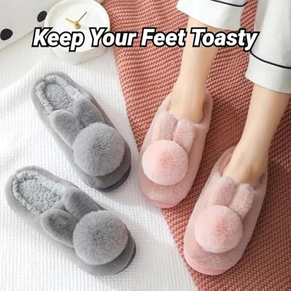 Fuzzy Slippers Fluffy Cute Bunny Rabbit Memory Foam Comfy Home House Slippers Cozy Faux Fur Soft Plush Two Band Slides Anti-Skid Indoor Outdoor Home Bedroom