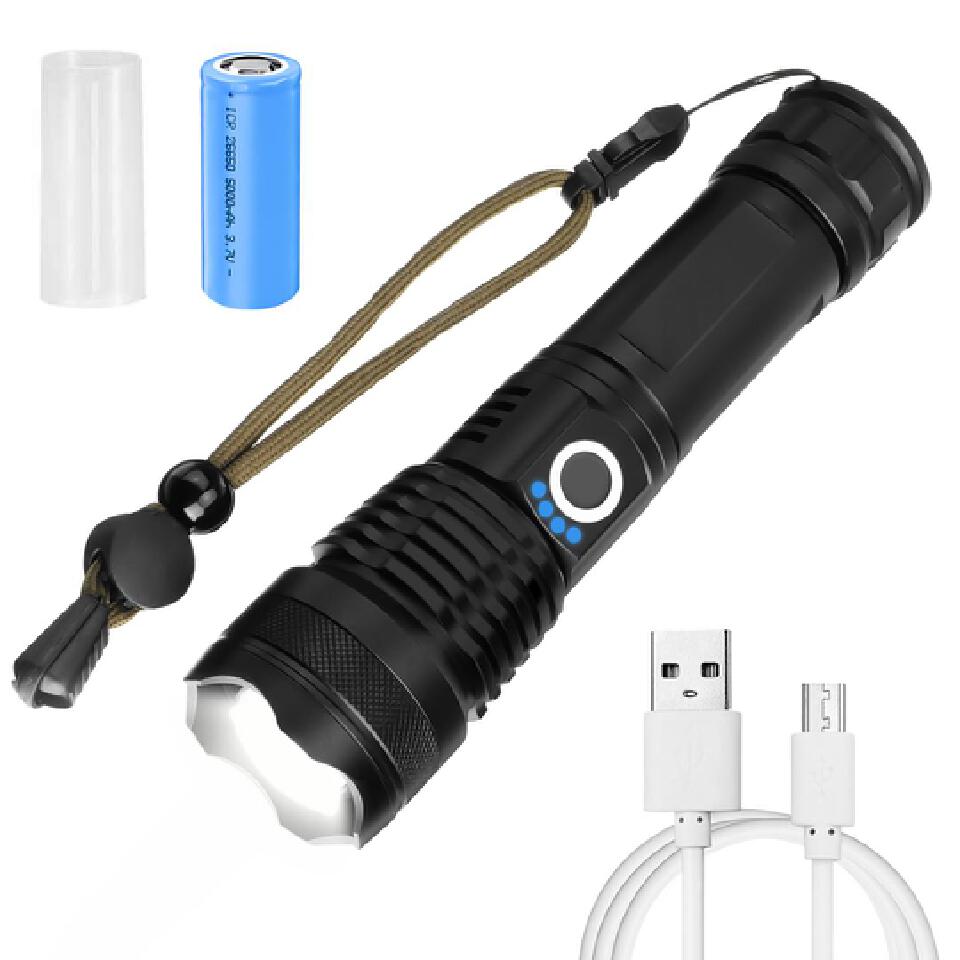 Super Bright LED P50 Rechargeable zooming torch with waterproof & power bank factor