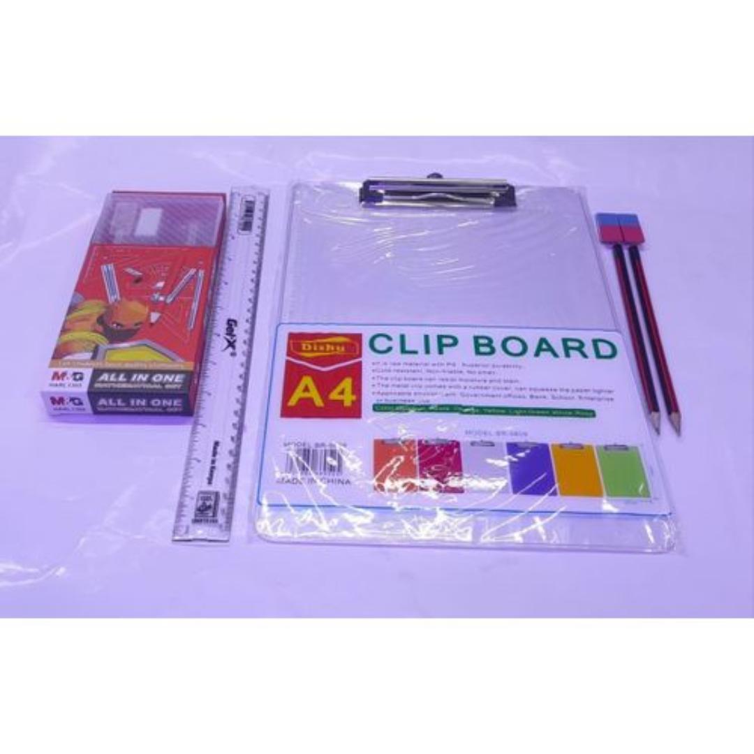 Transparent clear clip board A4 board & Oxford clear geometric drawing set &30 cm clear plastic ruler & 2  free HB pencil + erasers