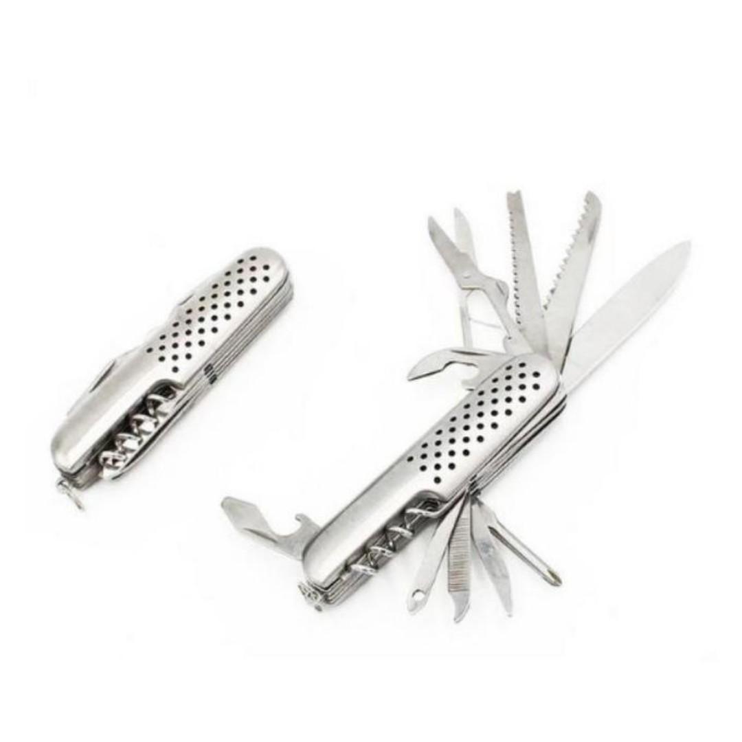 14 In 1 Stainless Steel Pocket Knife Comprising Of Scissors,Phillips Screwdriver, Leather Punch, Nail File, Needle,fish Scaler,hook Remover,bottle Opener,knife And Can Opener