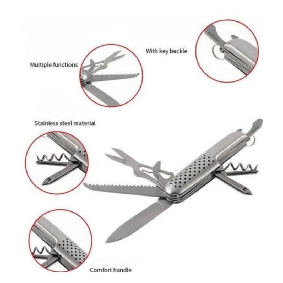 14 In 1 Stainless Steel Pocket Knife Comprising Of Scissors,Phillips Screwdriver, Leather Punch, Nail File, Needle,fish Scaler,hook Remover,bottle Opener,knife And Can Opener