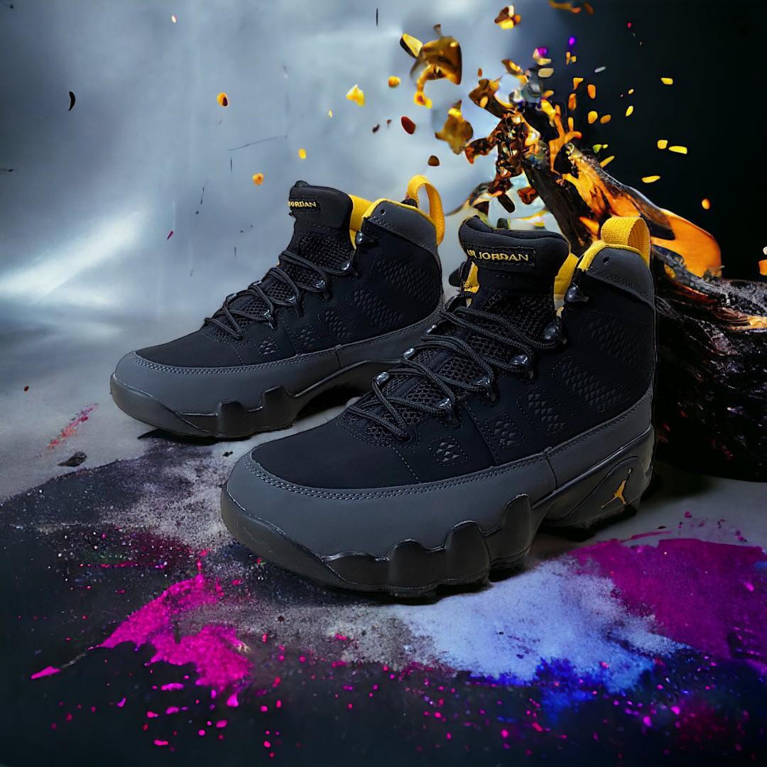 J9 Retro boot NRG. Men and women ( unisex) sneakers grey black blue, grey black yellow and grey black red. High top sneaker boot with combination of suede and leather.emoji house.